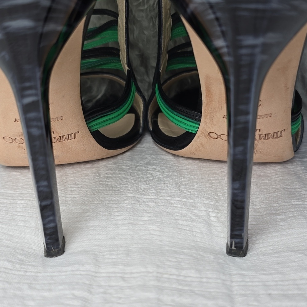 Jimmy Choo Black/Green Leather Corsica Ankle Strap Sandals Size 37.5 - Picture 7 of 17